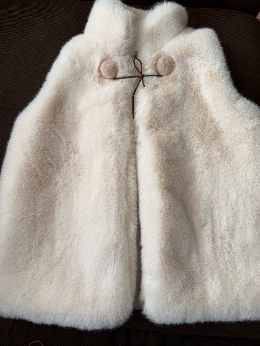 Girls Cream Faux Fur Cape with Pom Tie